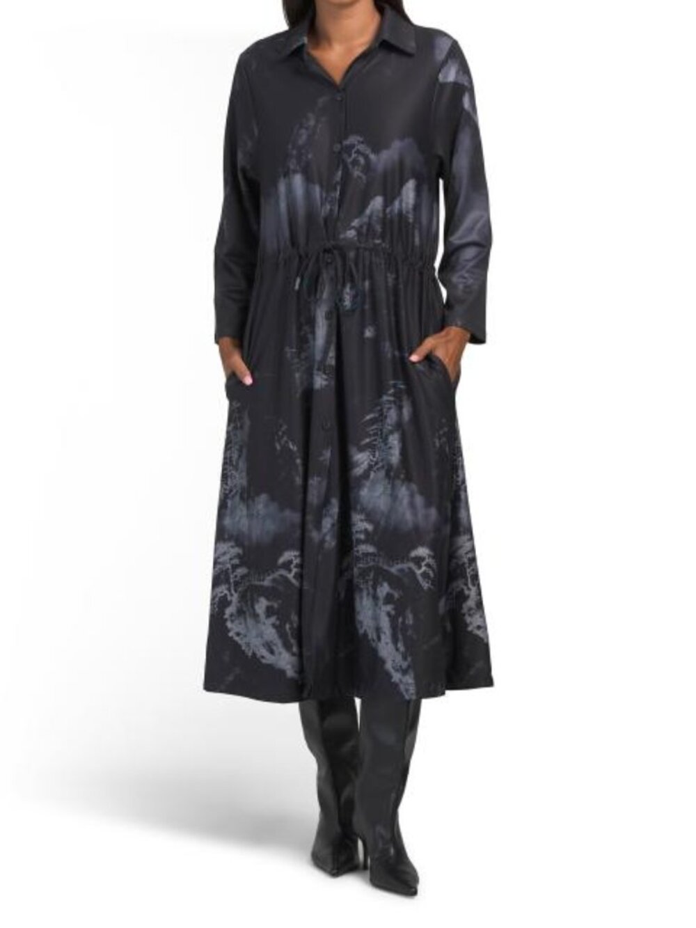 BEULAH Black Multi Long Sleeve Belted Midi Dress